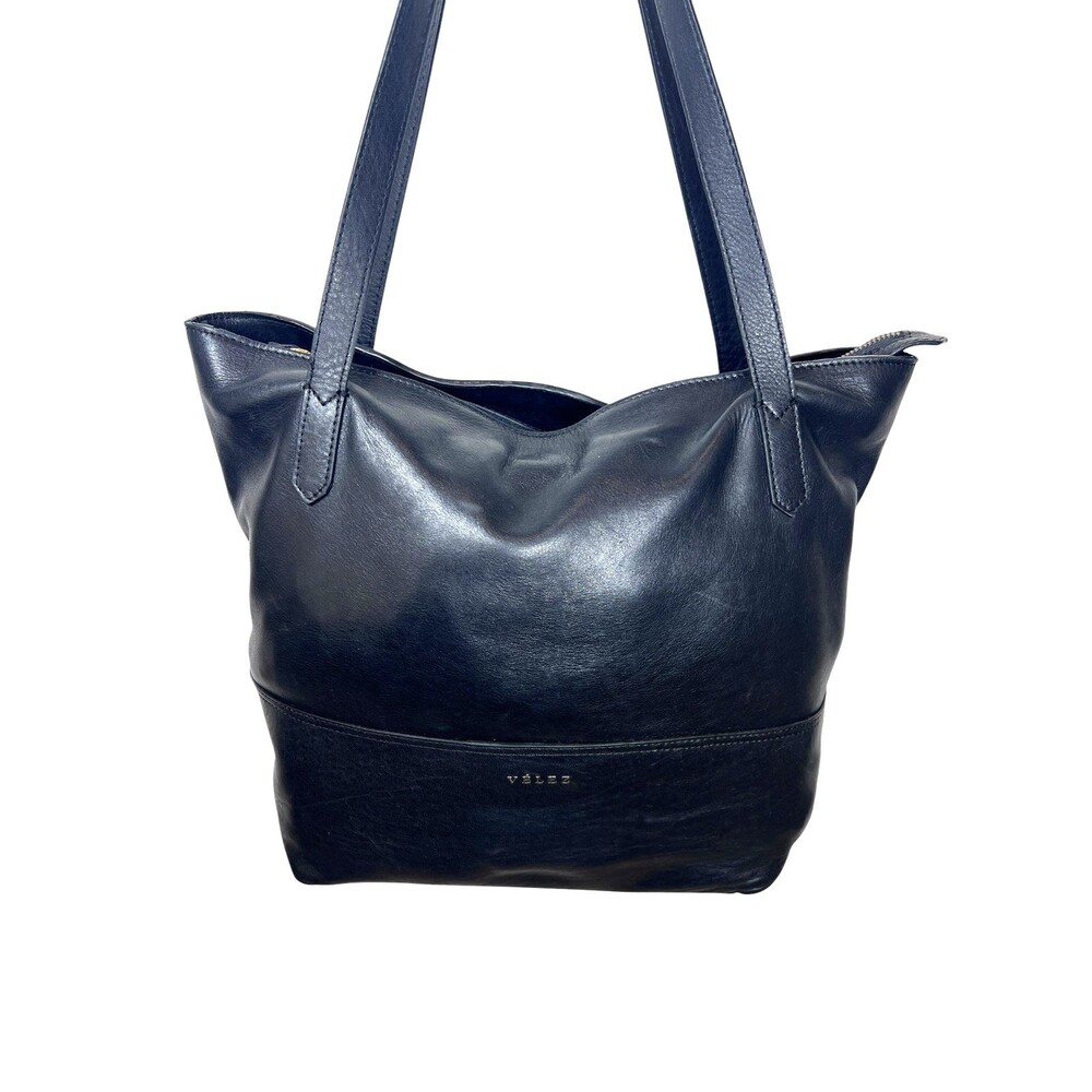 Velez Black Leather Tote Large Minimalist Shoulder Bag Zipper Top - Picture 5 of 12